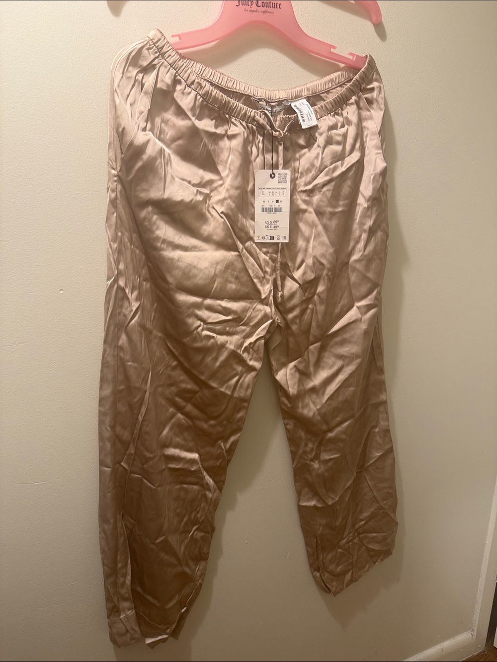 Zara Men's Satin Drawstring Joggers in Taupe